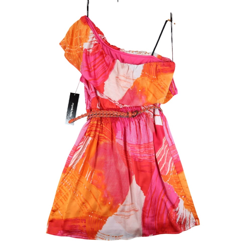 My Michelle One Shoulder Dress Womens Medium Pink Orange Abstract Print NWT